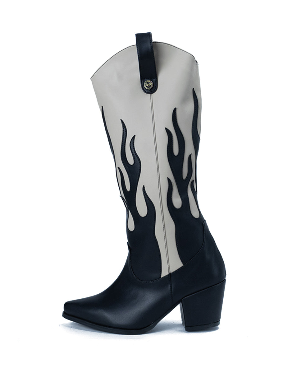 Brunela Flamas Negro - Bota sintética diseño bordado de flamas y tacón ...